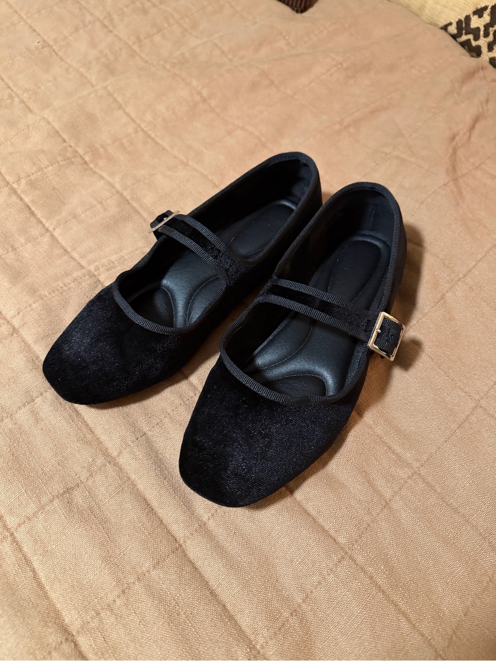 Black Velvet Mary Jane Flats with Buckle Strap